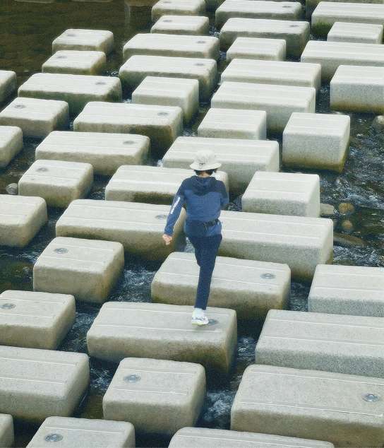Person walking on concrete stepping stones